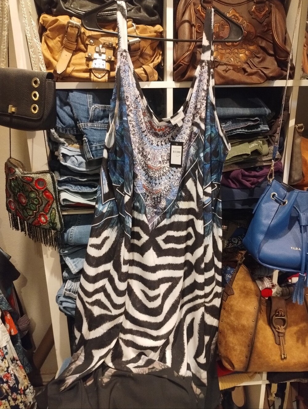 Avenue 26/28 Exotic Print Boho Maxi Dress Beading Sparkle Elora Trapeze Style